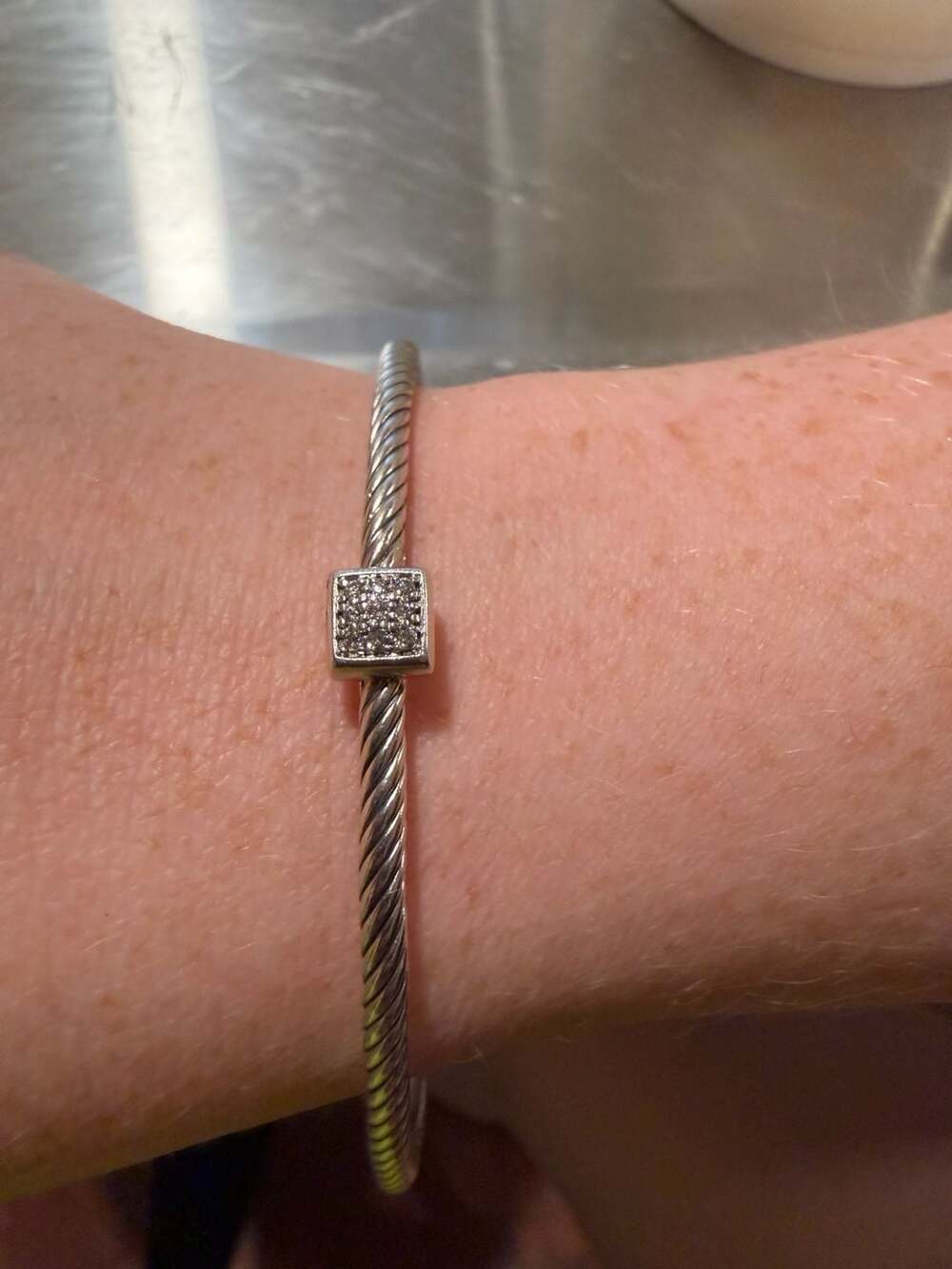 David Yurman Sterling Silver Cable Bangle Bracelet with Pavé Diamond Square